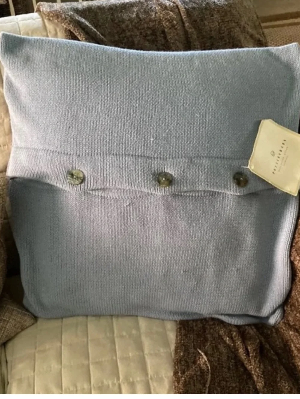 NWT Pottery Barn 100% Cotton Button Knit Light Blue Pillow Cover